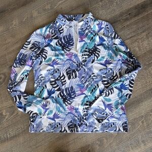 Coral Bay Women's Golf Top - Blue and White Leaf Print